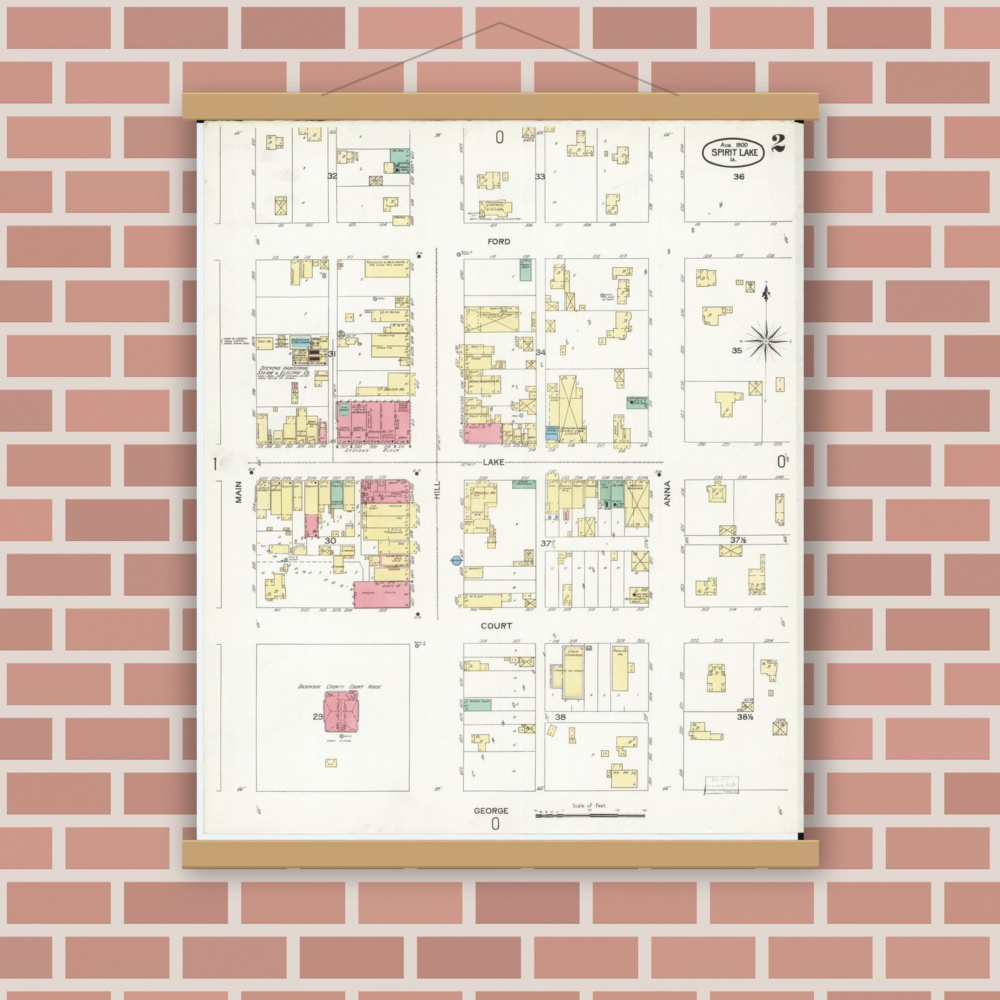Old map wall art mockup — magnetic wood frame on brick wall — Sanborn Fire Insurance Map from Spirit Lake, Dickinson County, Iowa (1900), Sheet #0002