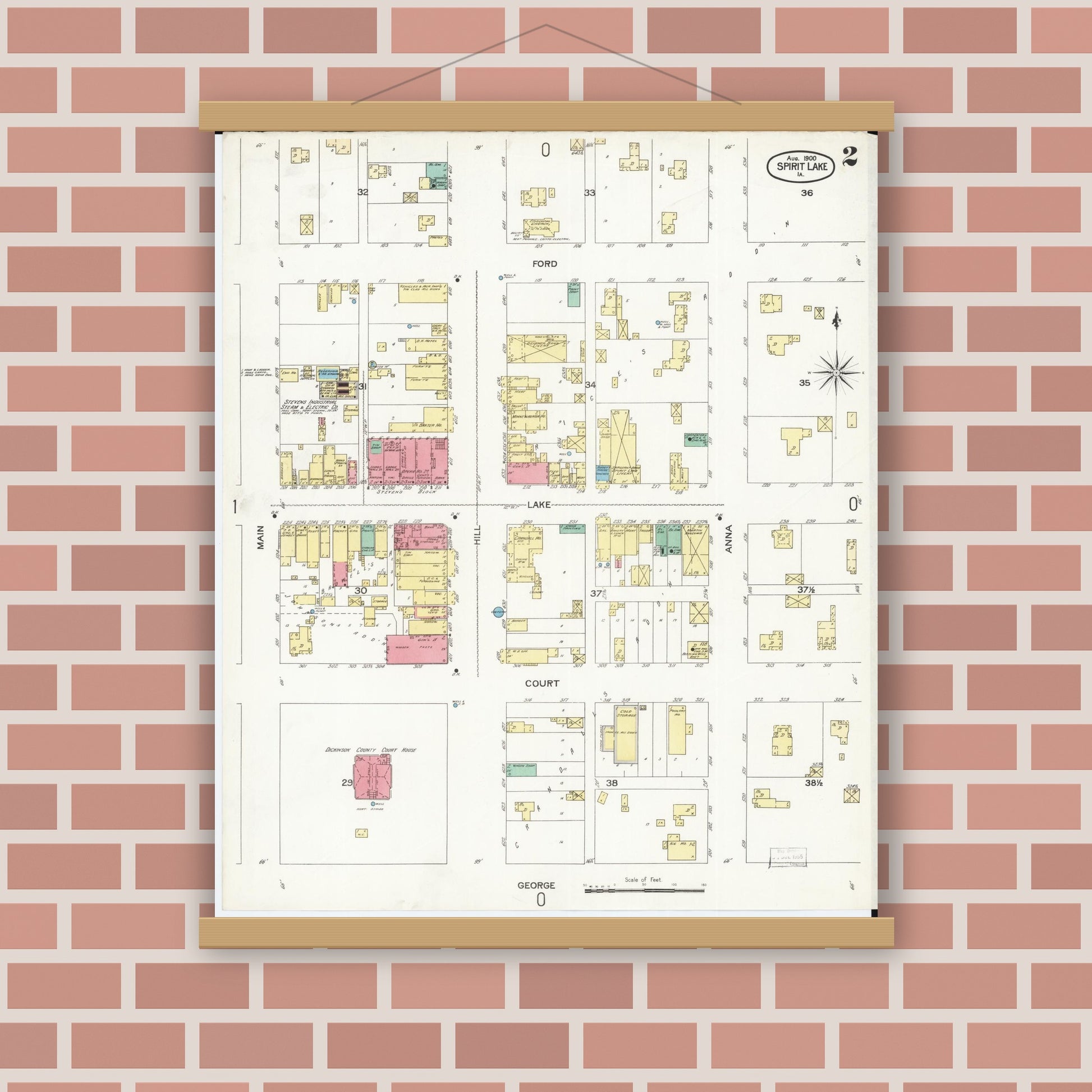Old map wall art mockup — magnetic wood frame on brick wall — Sanborn Fire Insurance Map from Spirit Lake, Dickinson County, Iowa (1900), Sheet #0002
