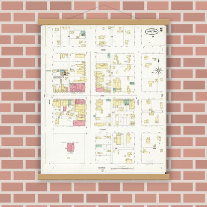 Old map wall art mockup — magnetic wood frame on brick wall — Sanborn Fire Insurance Map from Spirit Lake, Dickinson County, Iowa (1900), Sheet #0002