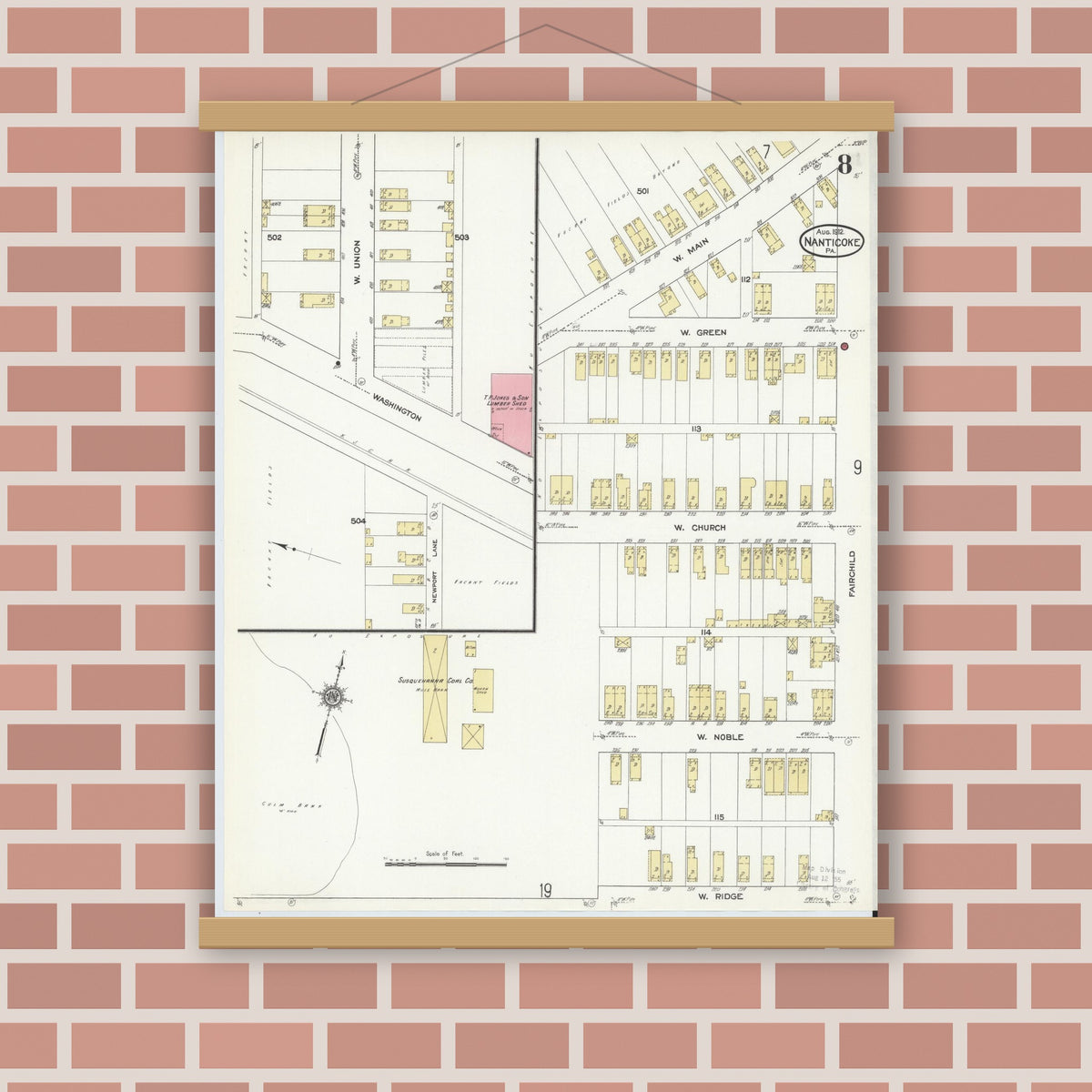 Old map wall art mockup — magnetic wood frame on brick wall — Sanborn Fire Insurance Map from Nanticoke, Luzerne County, Pennsylvania (1912), Sheet #0008