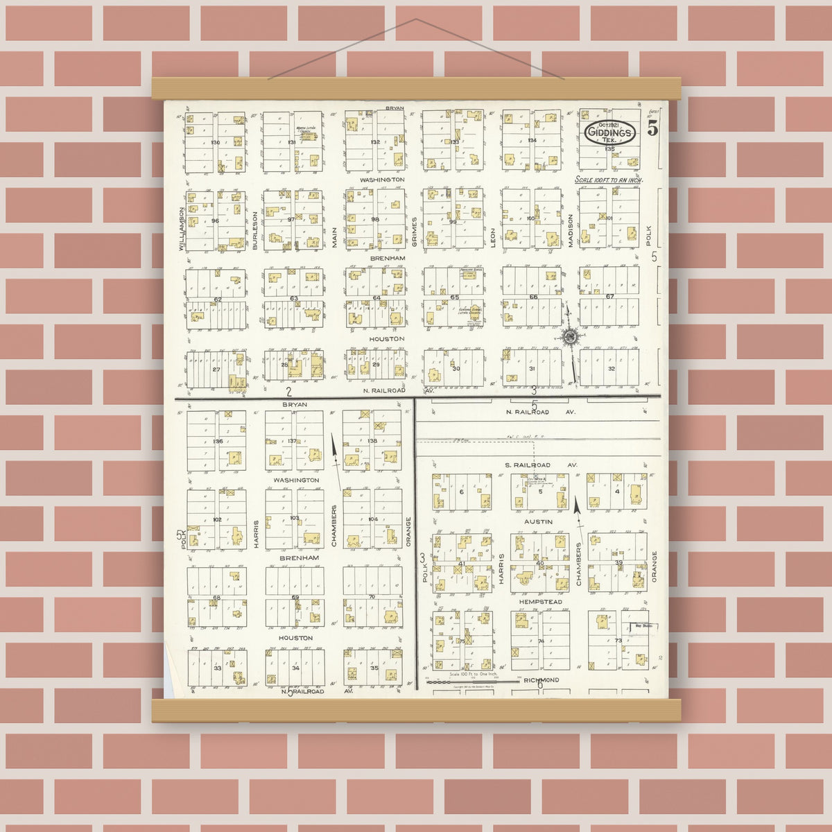 Old map wall art mockup — magnetic wood frame on brick wall — Sanborn Fire Insurance Map from Giddings, Lee County, Texas (1921), Sheet #0005