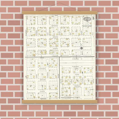 Old map wall art mockup — magnetic wood frame on brick wall — Sanborn Fire Insurance Map from Giddings, Lee County, Texas (1921), Sheet #0005