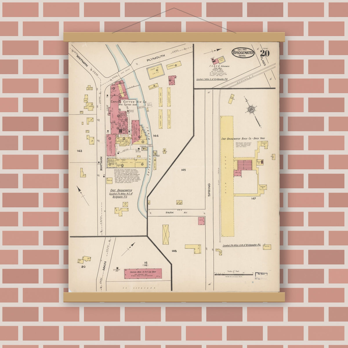 Old map wall art mockup — magnetic wood frame on brick wall — Sanborn Fire Insurance Map from Bridgewater, Plymouth County, Massachusetts (1921), Sheet #0020