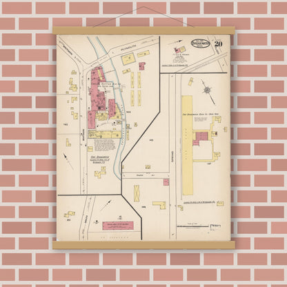Old map wall art mockup — magnetic wood frame on brick wall — Sanborn Fire Insurance Map from Bridgewater, Plymouth County, Massachusetts (1921), Sheet #0020