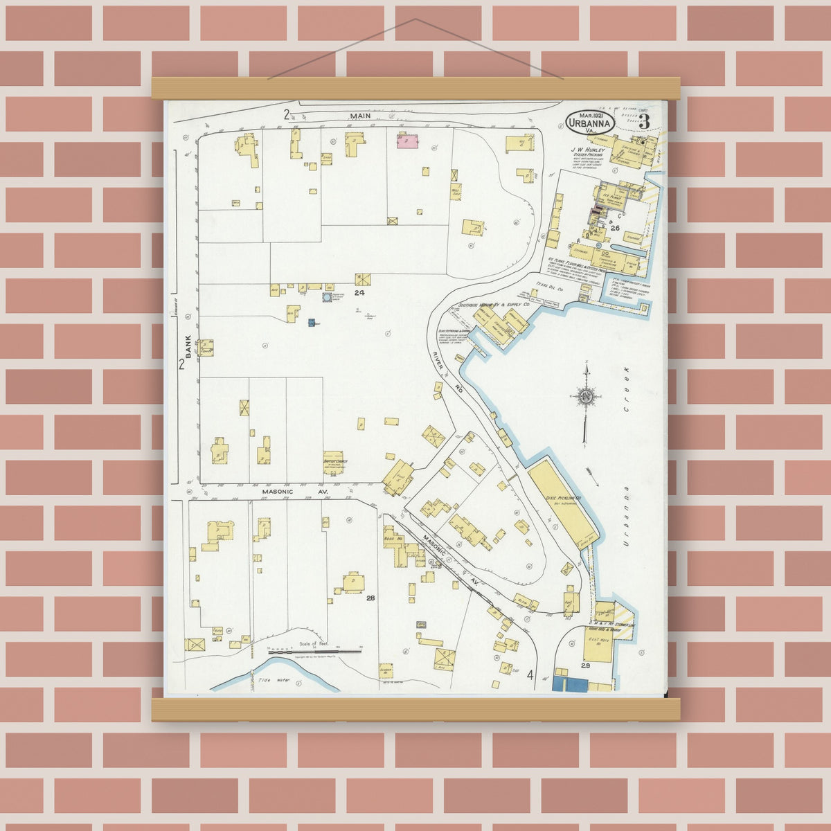 Old map wall art mockup — magnetic wood frame on brick wall — Sanborn Fire Insurance Map from Urbanna, Middlesex County, Virginia (1921), Sheet #0003