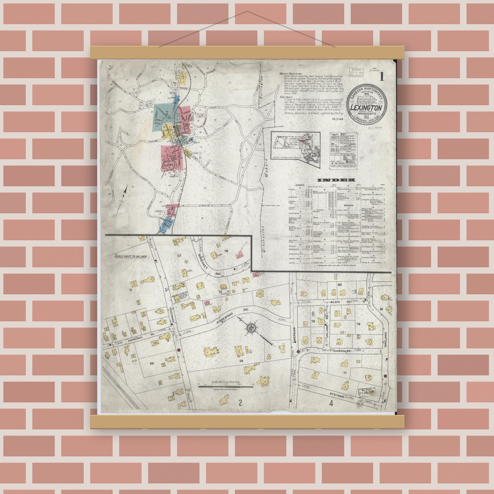 Old map wall art mockup — magnetic wood frame on brick wall — Sanborn Fire Insurance Map from Lexington, Middlesex County, Massachusetts (1918), Sheet #0001