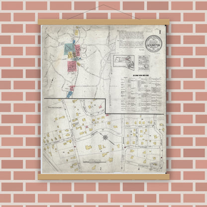 Old map wall art mockup — magnetic wood frame on brick wall — Sanborn Fire Insurance Map from Lexington, Middlesex County, Massachusetts (1918), Sheet #0001