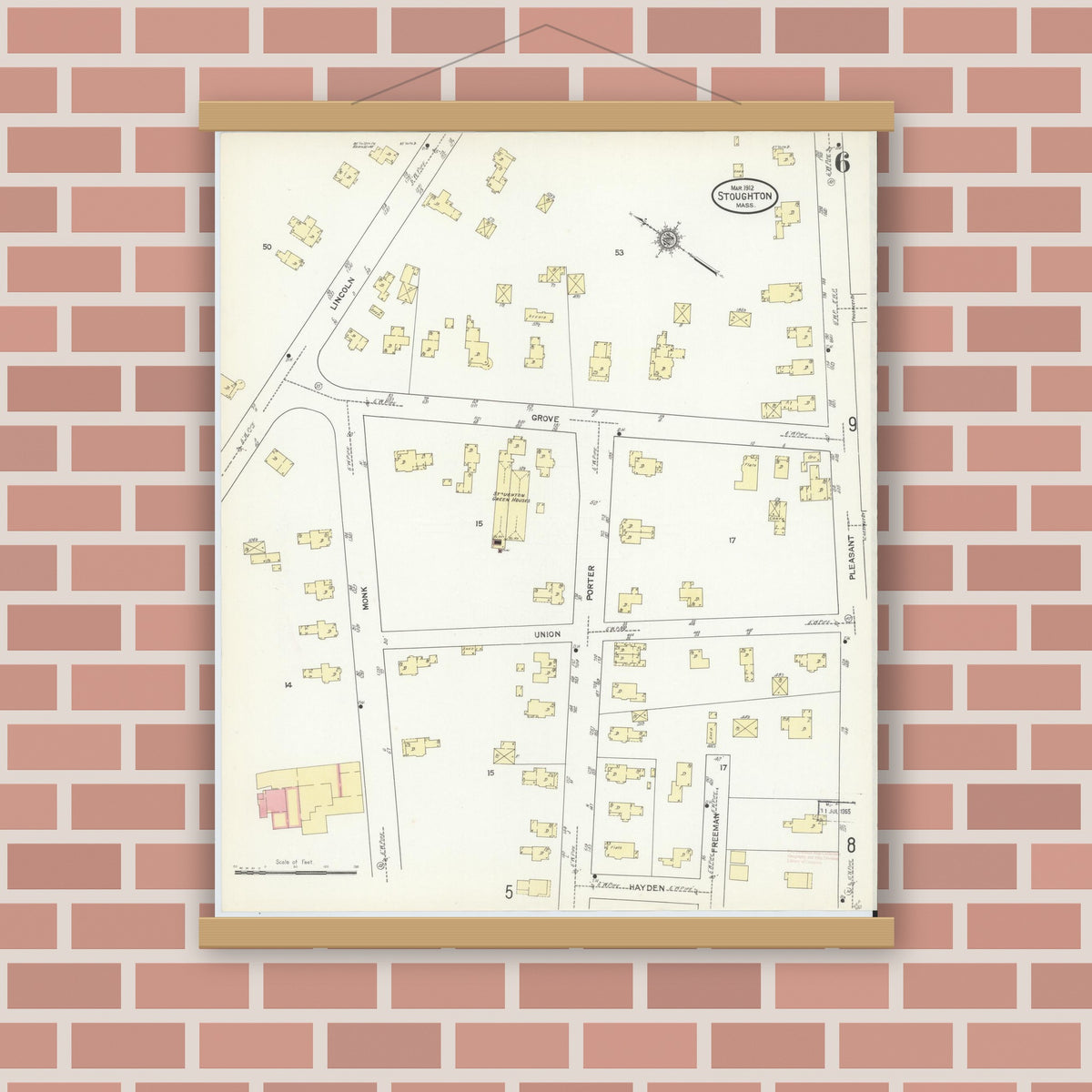 Old map wall art mockup — magnetic wood frame on brick wall — Sanborn Fire Insurance Map from Stoughton, Norfolk County, Massachusetts (1912), Sheet #0006