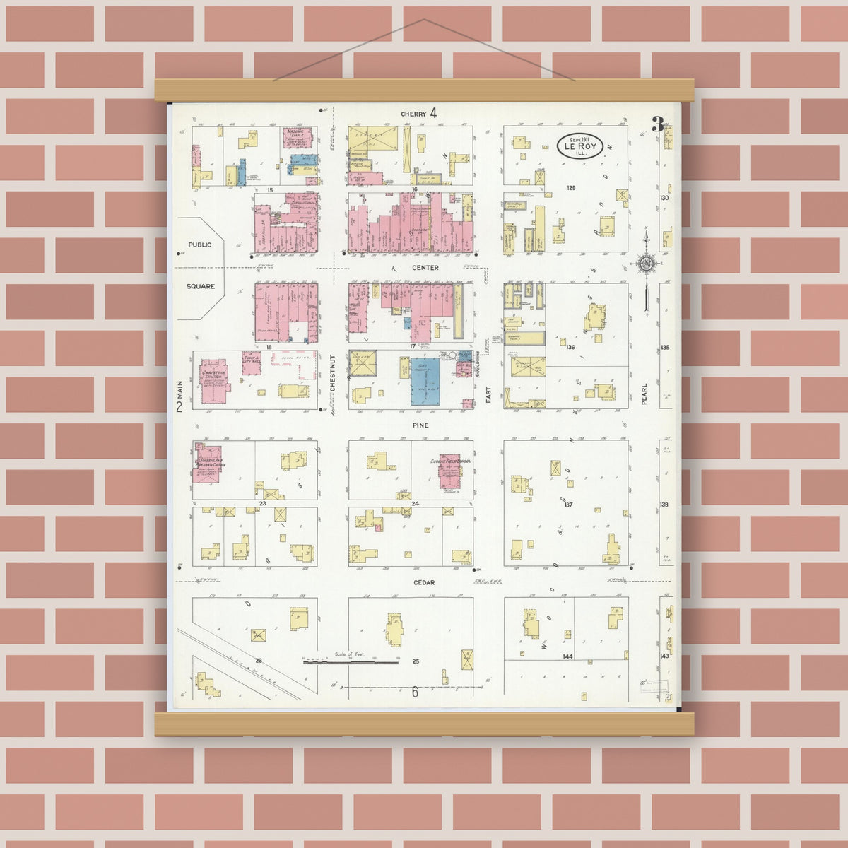 Old map wall art mockup — magnetic wood frame on brick wall — Sanborn Fire Insurance Map from Leroy, McLean County, Illinois (1911), Sheet #0003