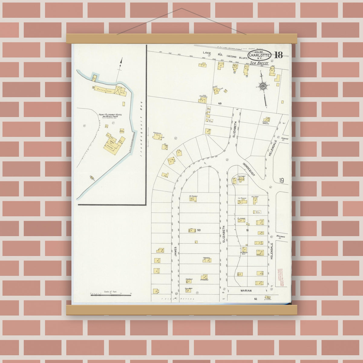 Old map wall art mockup — magnetic wood frame on brick wall — Sanborn Fire Insurance Map from Charlotte, Monroe County, New York (1912), Sheet #0018