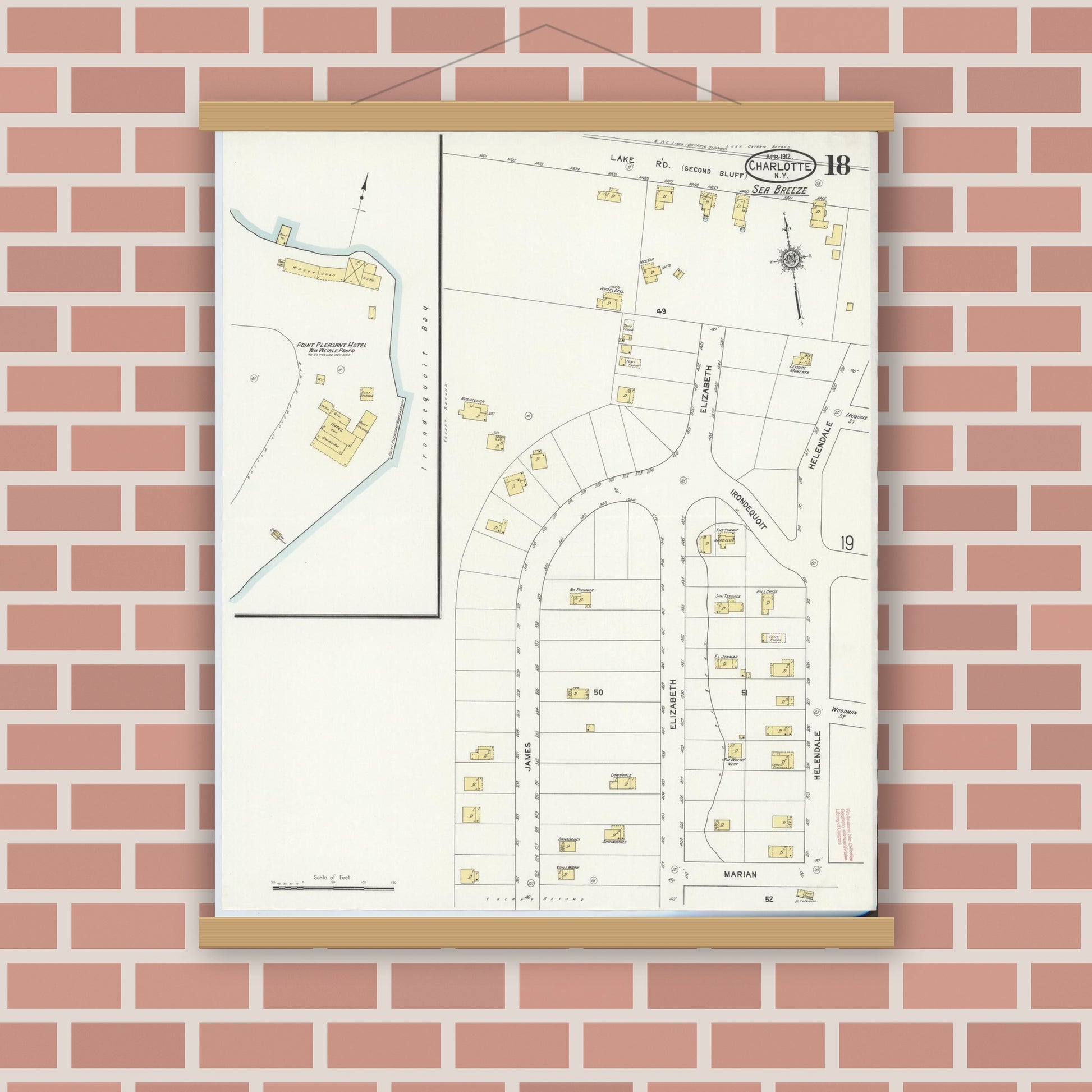 Old map wall art mockup — magnetic wood frame on brick wall — Sanborn Fire Insurance Map from Charlotte, Monroe County, New York (1912), Sheet #0018