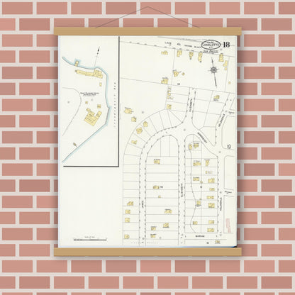 Old map wall art mockup — magnetic wood frame on brick wall — Sanborn Fire Insurance Map from Charlotte, Monroe County, New York (1912), Sheet #0018