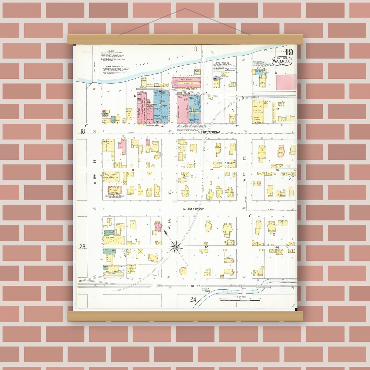 Old map wall art mockup — magnetic wood frame on brick wall — Sanborn Fire Insurance Map from Waterloo, Black Hawk County, Iowa (1900), Sheet #0019