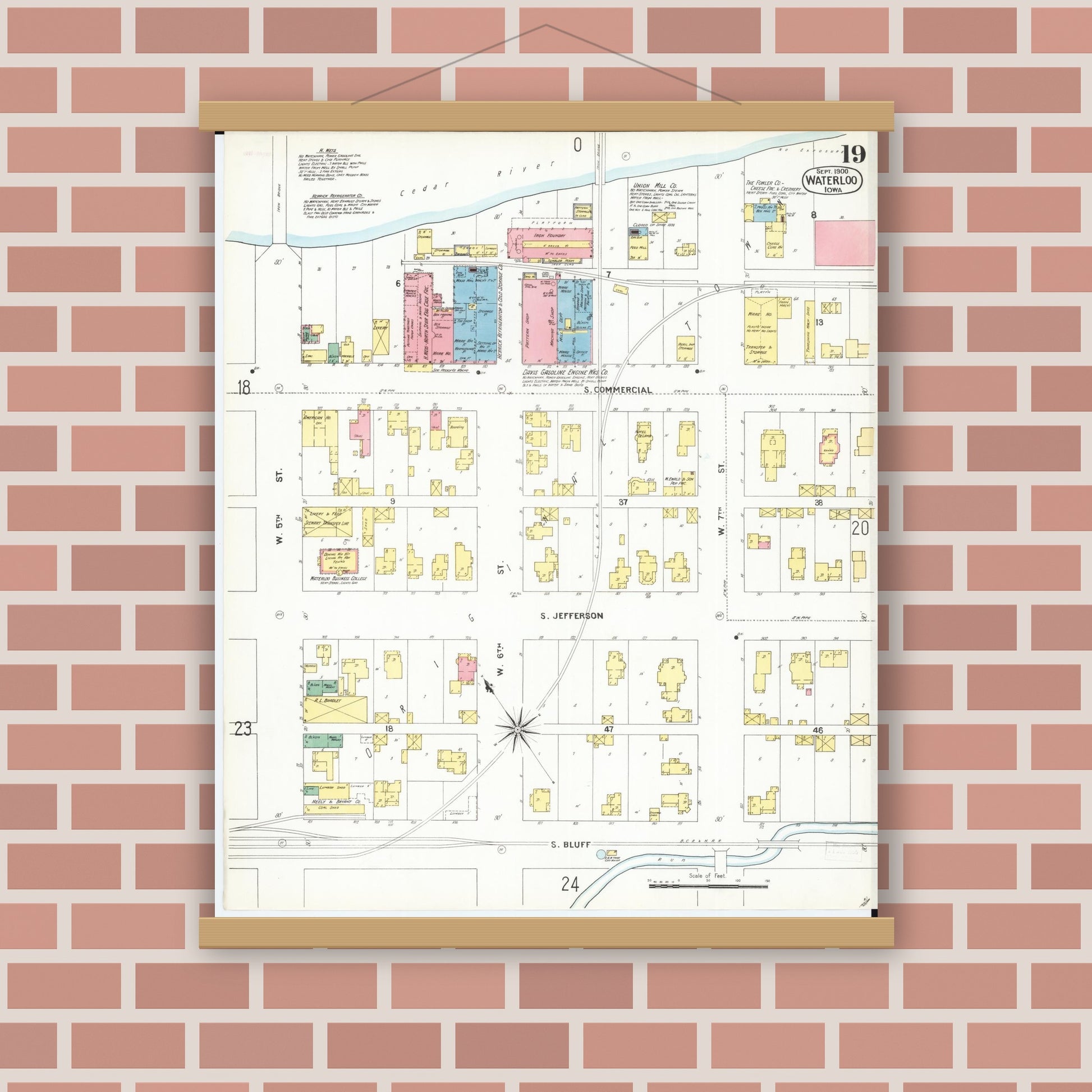 Old map wall art mockup — magnetic wood frame on brick wall — Sanborn Fire Insurance Map from Waterloo, Black Hawk County, Iowa (1900), Sheet #0019