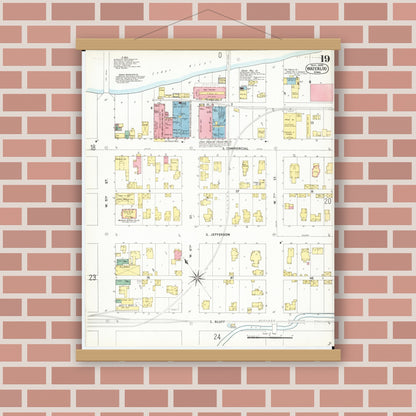 Old map wall art mockup — magnetic wood frame on brick wall — Sanborn Fire Insurance Map from Waterloo, Black Hawk County, Iowa (1900), Sheet #0019