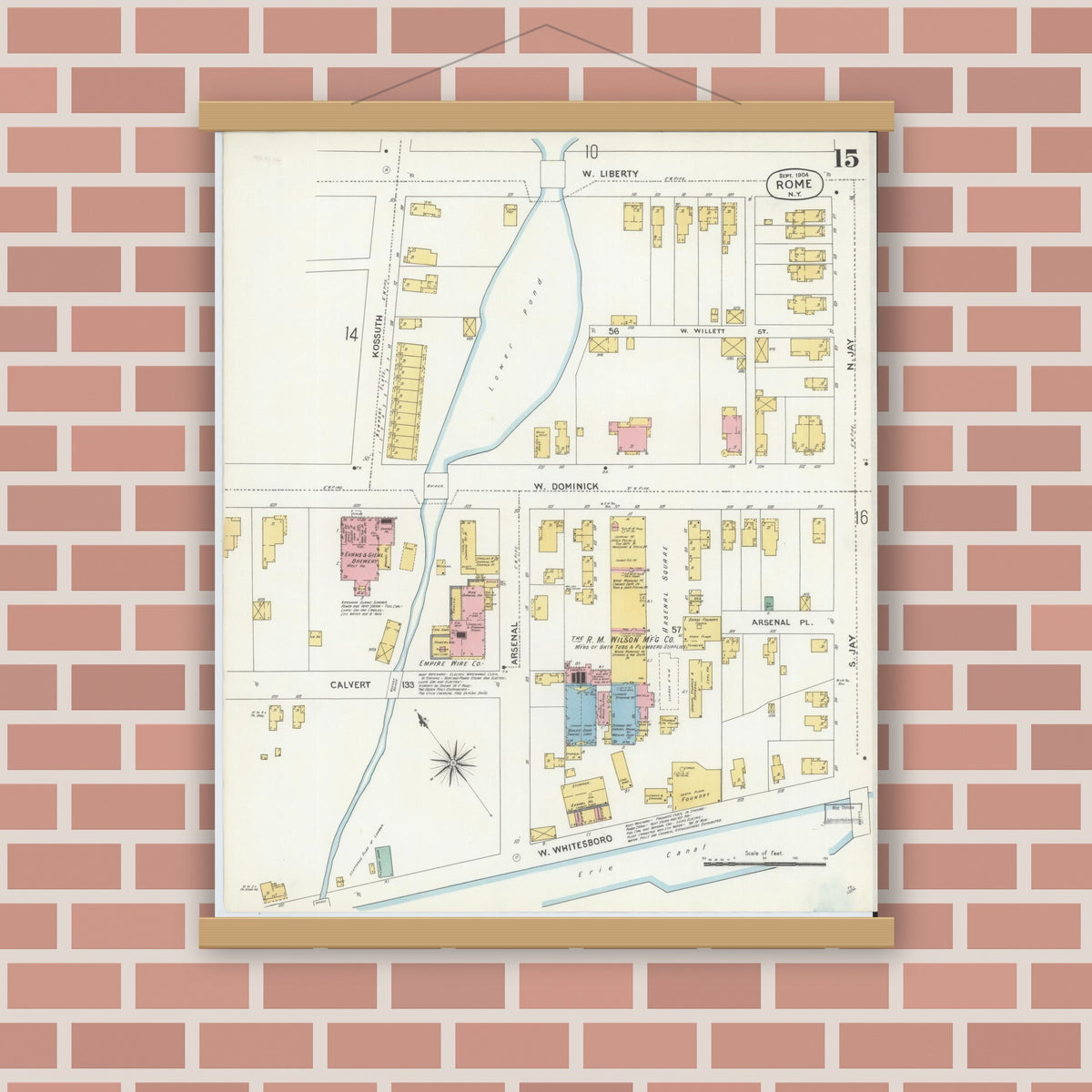 Old map wall art mockup — magnetic wood frame on brick wall — Sanborn Fire Insurance Map from Rome, Oneida County, New York (1904), Sheet #0015