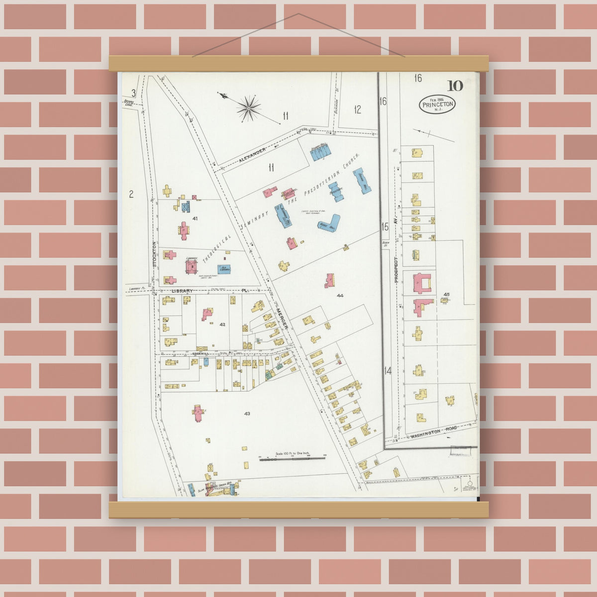 Old map wall art mockup — magnetic wood frame on brick wall — Sanborn Fire Insurance Map from Princeton, Mercer County, New Jersey (1906), Sheet #0010