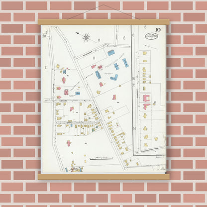 Old map wall art mockup — magnetic wood frame on brick wall — Sanborn Fire Insurance Map from Princeton, Mercer County, New Jersey (1906), Sheet #0010