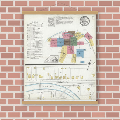 Old map wall art mockup — magnetic wood frame on brick wall — Sanborn Fire Insurance Map from Marion, Smyth County, Virginia (1921) - Complete Map Set