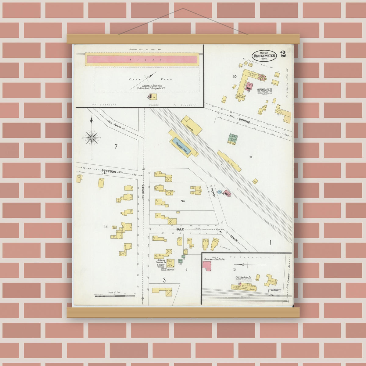 Old map wall art mockup — magnetic wood frame on brick wall — Sanborn Fire Insurance Map from Bridgewater, Plymouth County, Massachusetts (1901), Sheet #0002