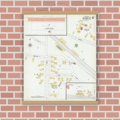 Old map wall art mockup — magnetic wood frame on brick wall — Sanborn Fire Insurance Map from Bridgewater, Plymouth County, Massachusetts (1901), Sheet #0002