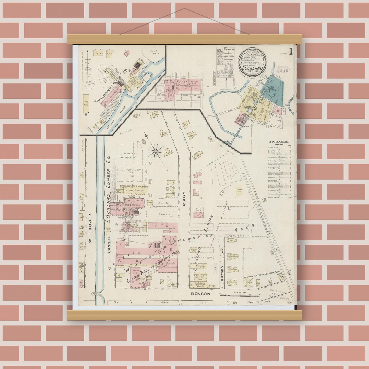 Old map wall art mockup — magnetic wood frame on brick wall — Sanborn Fire Insurance Map from Lockland, Hamilton County, Ohio (1886), Sheet #0001