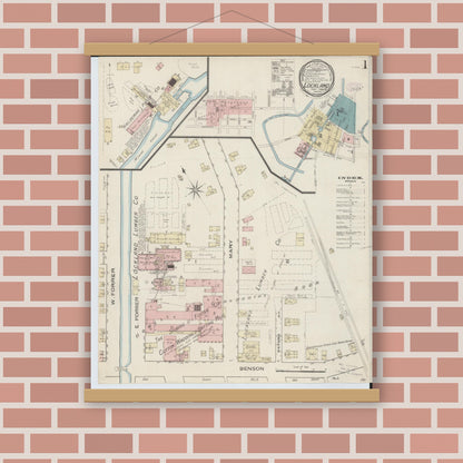 Old map wall art mockup — magnetic wood frame on brick wall — Sanborn Fire Insurance Map from Lockland, Hamilton County, Ohio (1886), Sheet #0001