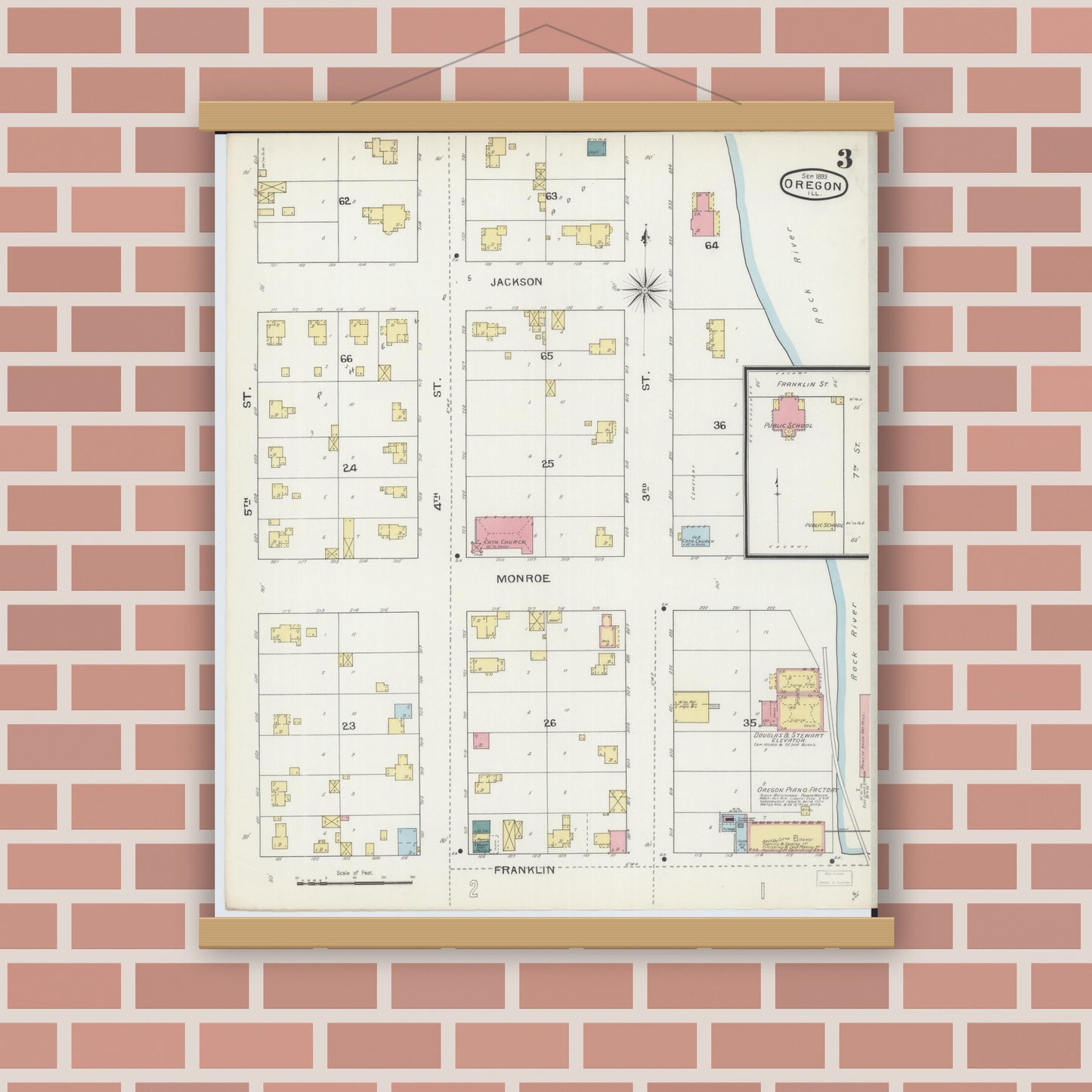 Old map wall art mockup — magnetic wood frame on brick wall — Sanborn Fire Insurance Map from Oregon, Ogle County, Illinois (1893), Sheet #0003