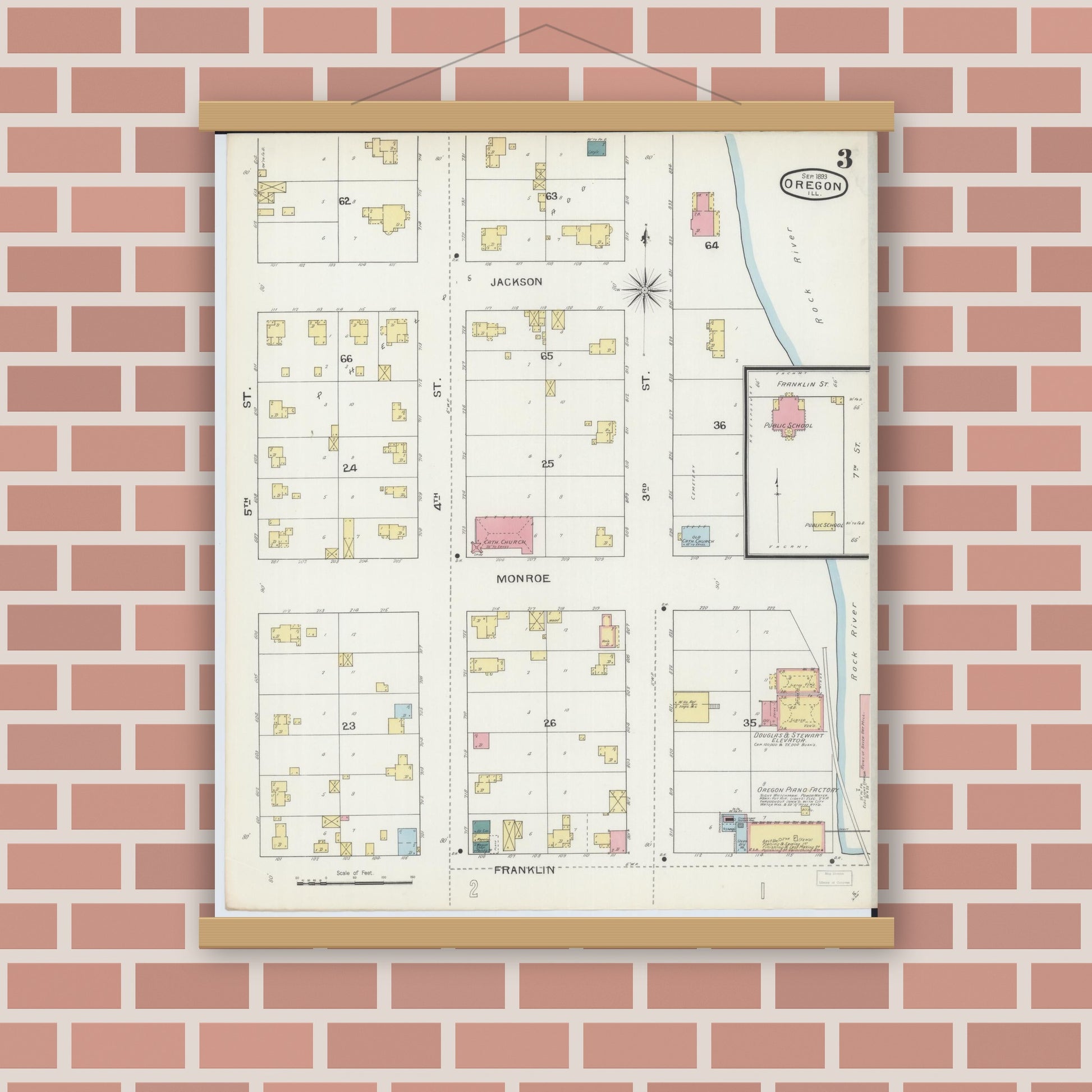Old map wall art mockup — magnetic wood frame on brick wall — Sanborn Fire Insurance Map from Oregon, Ogle County, Illinois (1893), Sheet #0003