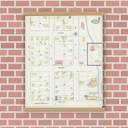 Old map wall art mockup — magnetic wood frame on brick wall — Sanborn Fire Insurance Map from Oregon, Ogle County, Illinois (1893), Sheet #0003