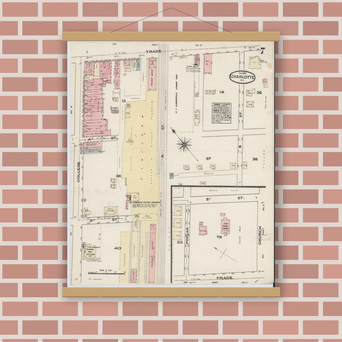 Old map wall art mockup — magnetic wood frame on brick wall — Sanborn Fire Insurance Map from Charlotte, Mecklenburg County, North Carolina (1885), Sheet #0007