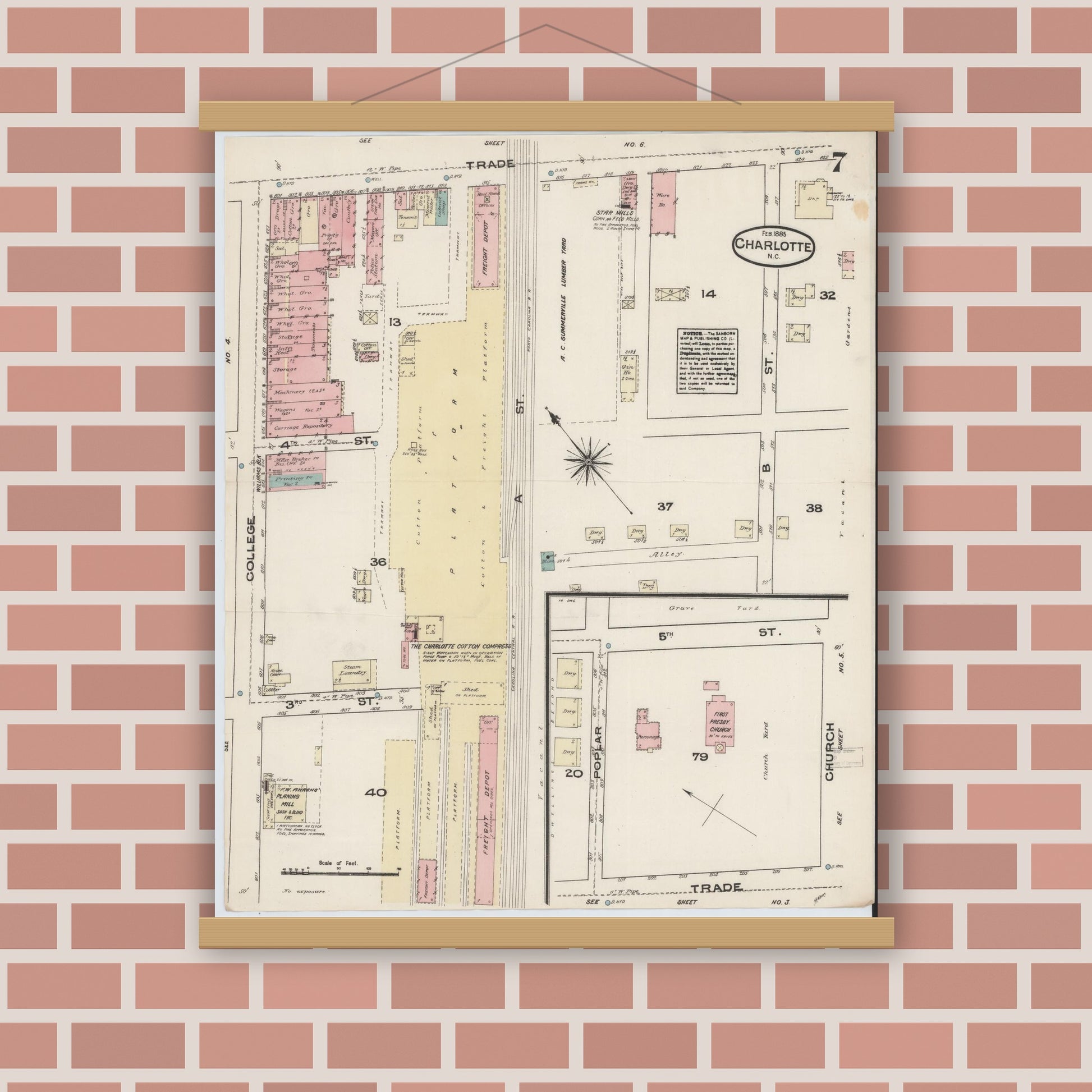 Old map wall art mockup — magnetic wood frame on brick wall — Sanborn Fire Insurance Map from Charlotte, Mecklenburg County, North Carolina (1885), Sheet #0007