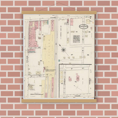 Old map wall art mockup — magnetic wood frame on brick wall — Sanborn Fire Insurance Map from Charlotte, Mecklenburg County, North Carolina (1885), Sheet #0007