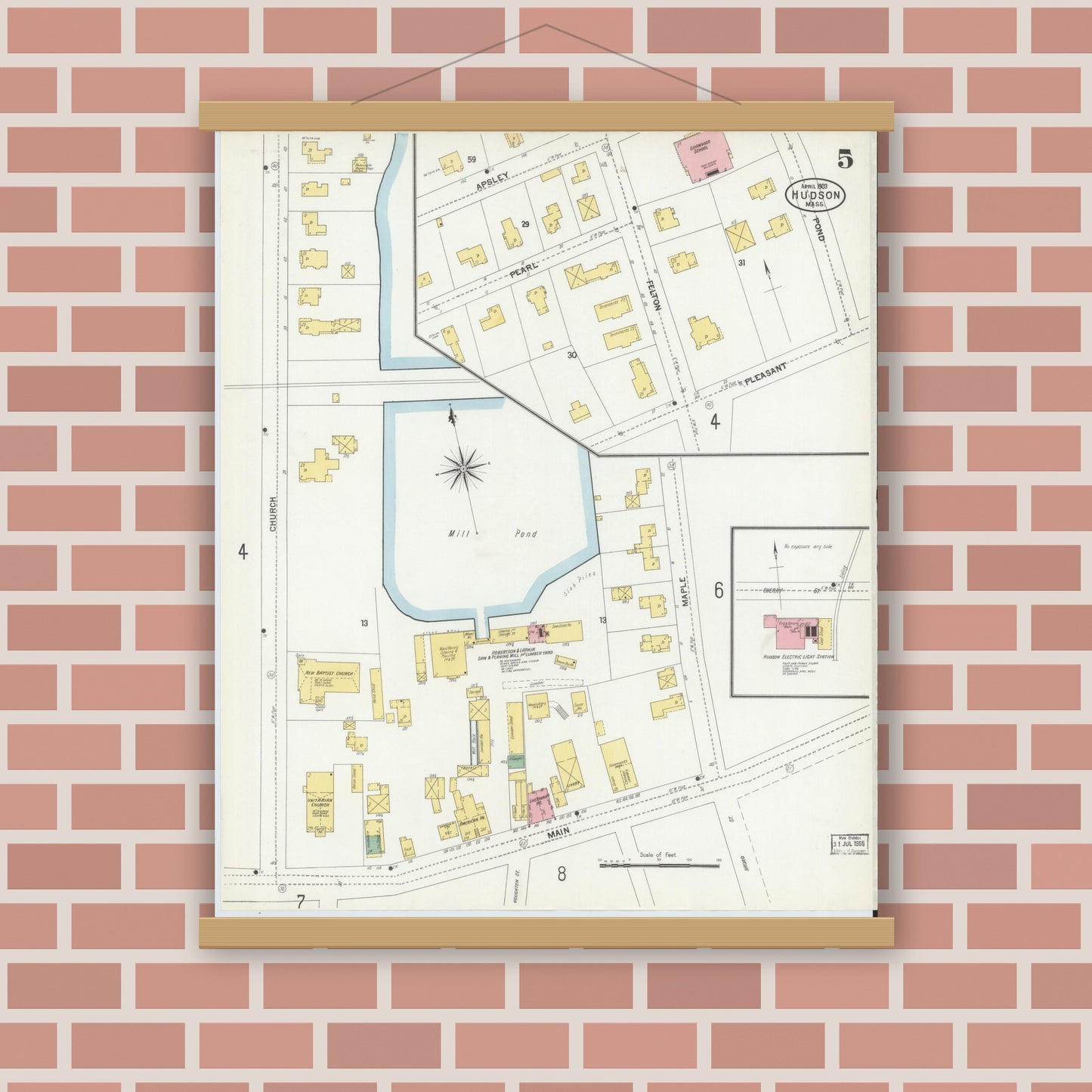 Old map wall art mockup — magnetic wood frame on brick wall — Sanborn Fire Insurance Map from Hudson, Middlesex County, Massachusetts (1903), Sheet #0005