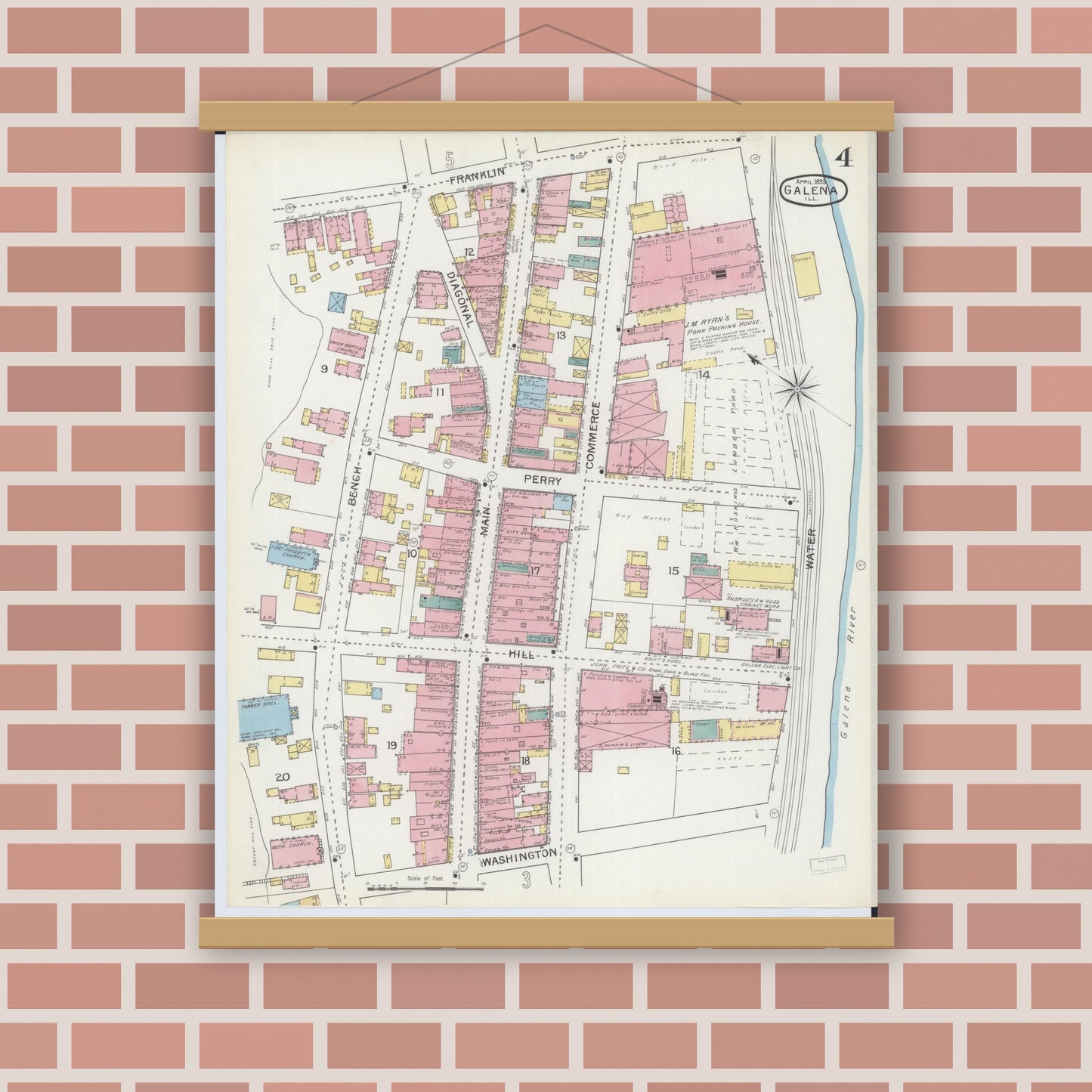 Old map wall art mockup — magnetic wood frame on brick wall — Sanborn Fire Insurance Map from Galena, Jo Daviess County, Illinois (1893), Sheet #0004