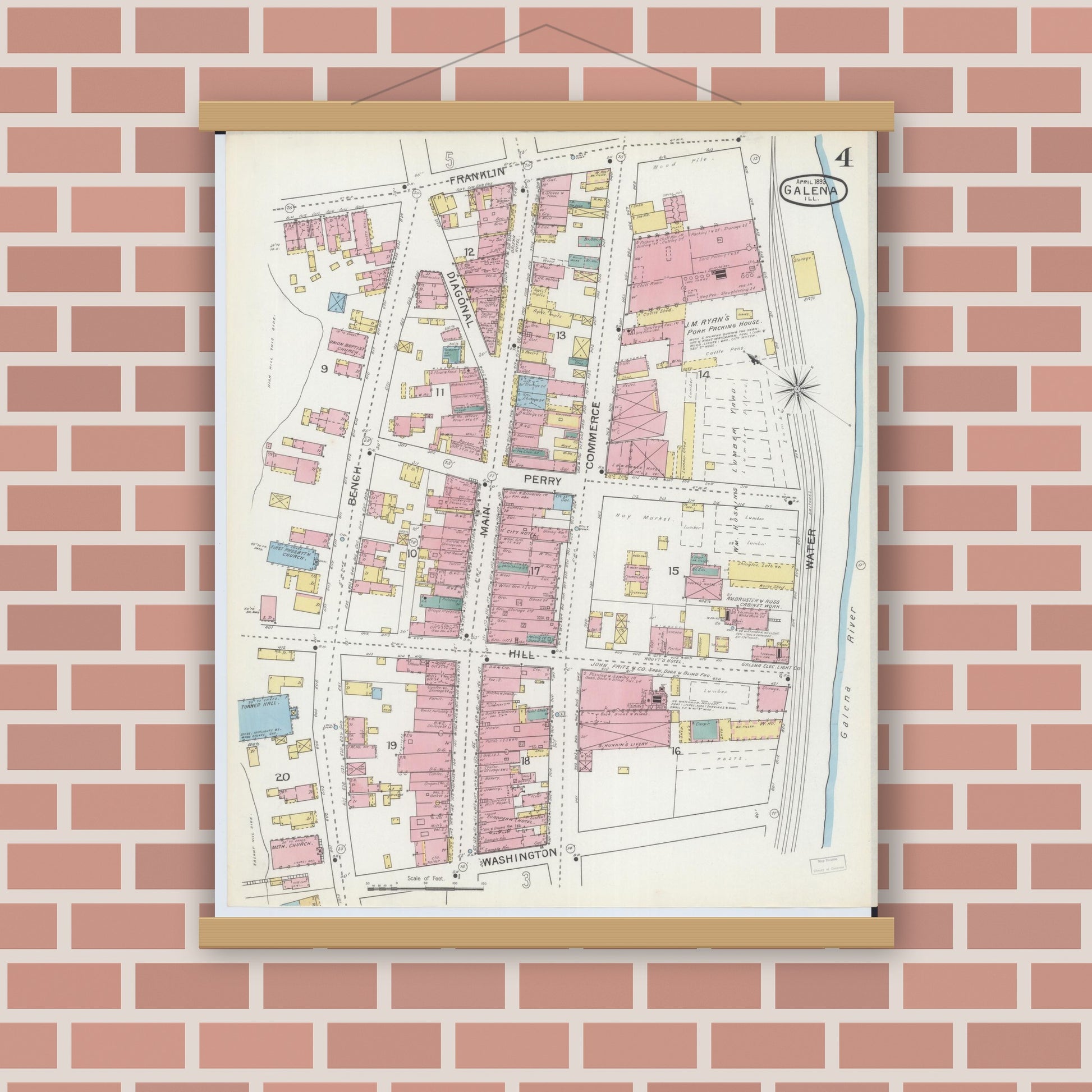 Old map wall art mockup — magnetic wood frame on brick wall — Sanborn Fire Insurance Map from Galena, Jo Daviess County, Illinois (1893), Sheet #0004