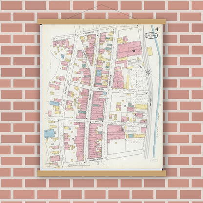 Old map wall art mockup — magnetic wood frame on brick wall — Sanborn Fire Insurance Map from Galena, Jo Daviess County, Illinois (1893), Sheet #0004