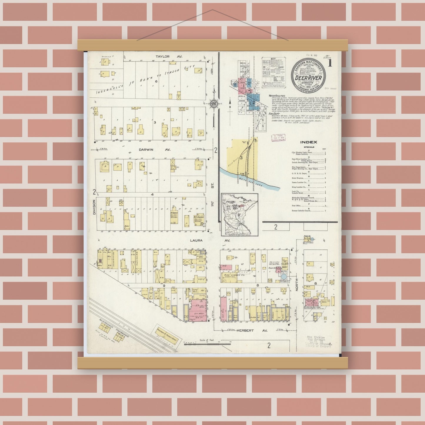 Old map wall art mockup — magnetic wood frame on brick wall — Sanborn Fire Insurance Map from Deer River, Itasca County, Minnesota (1913), Sheet #0001