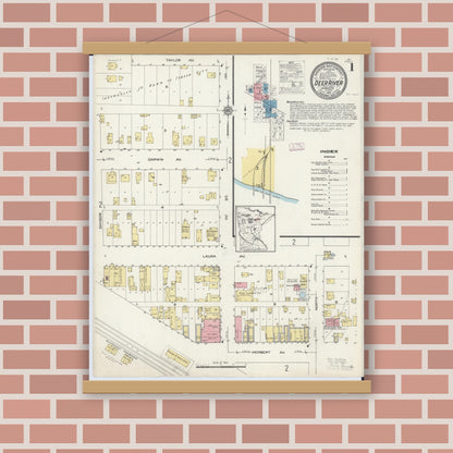 Old map wall art mockup — magnetic wood frame on brick wall — Sanborn Fire Insurance Map from Deer River, Itasca County, Minnesota (1913), Sheet #0001