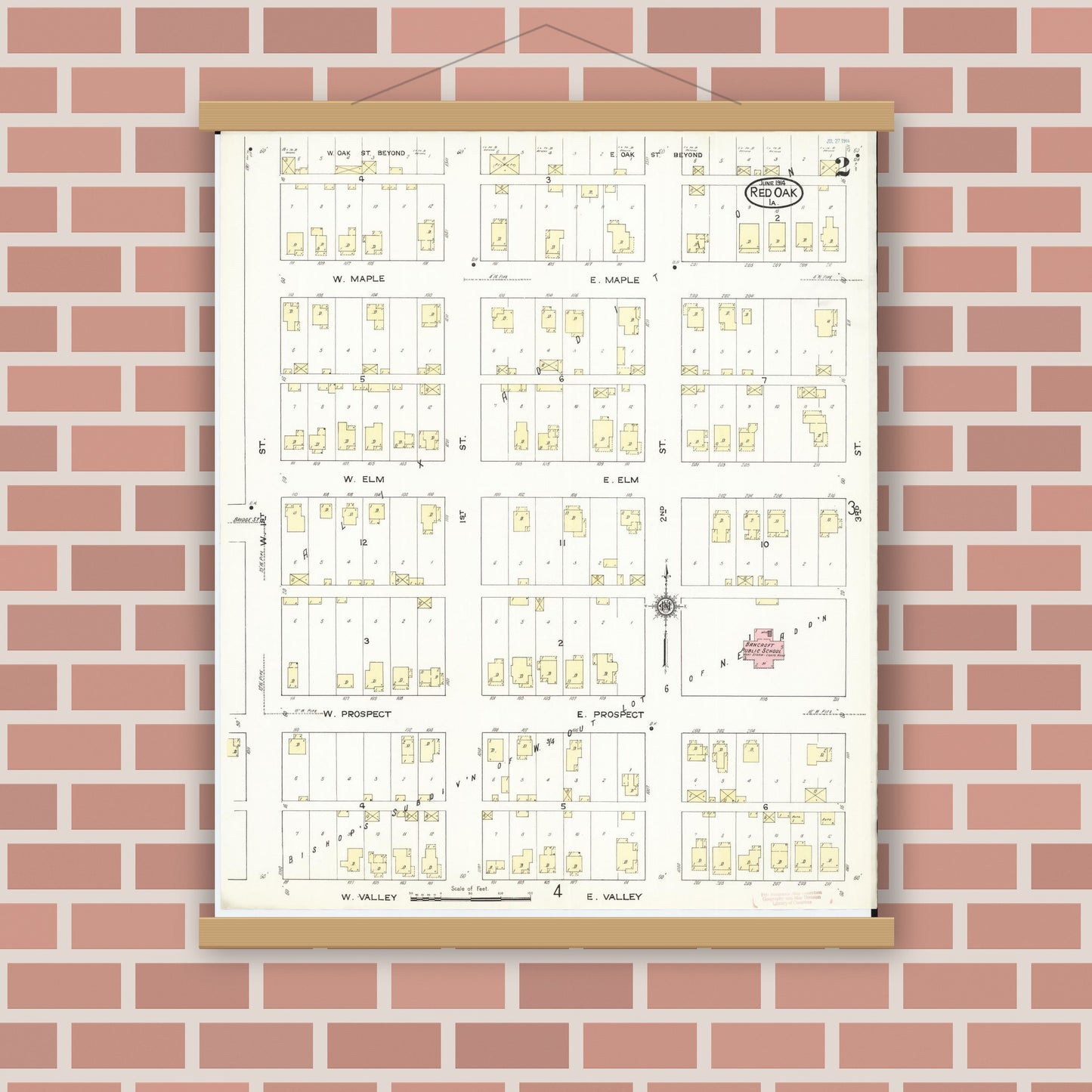 Old map wall art mockup — magnetic wood frame on brick wall — Sanborn Fire Insurance Map from Red Oak, Montgomery County, Iowa (1914), Sheet #0002