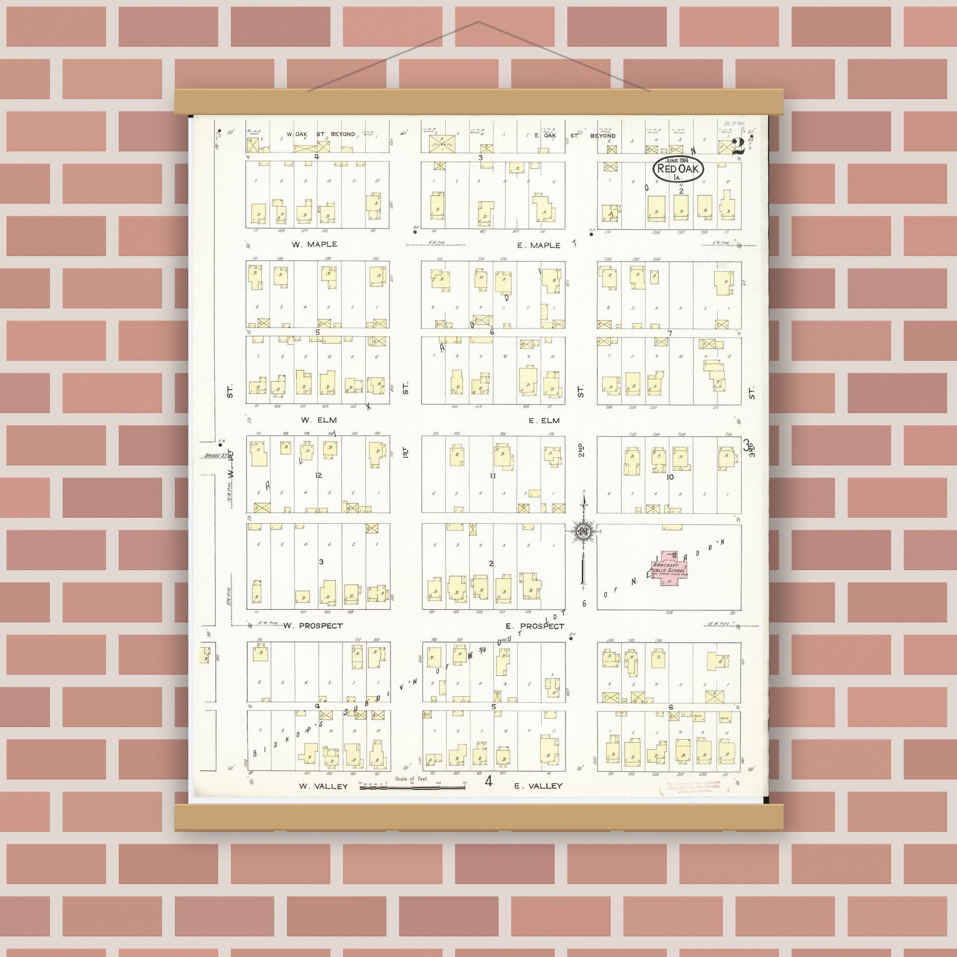 Old map wall art mockup — magnetic wood frame on brick wall — Sanborn Fire Insurance Map from Red Oak, Montgomery County, Iowa (1914), Sheet #0002