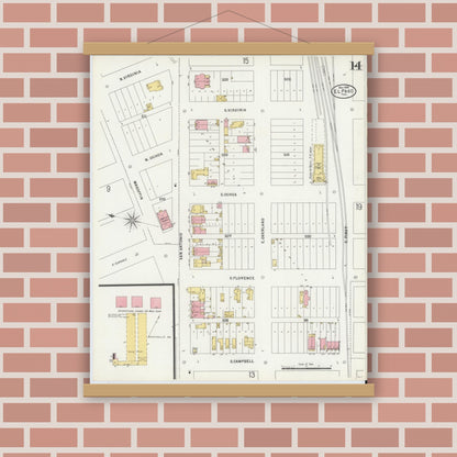 Old map wall art mockup — magnetic wood frame on brick wall — Sanborn Fire Insurance Map from El Paso, El Paso County, Texas (1898), Sheet #0014