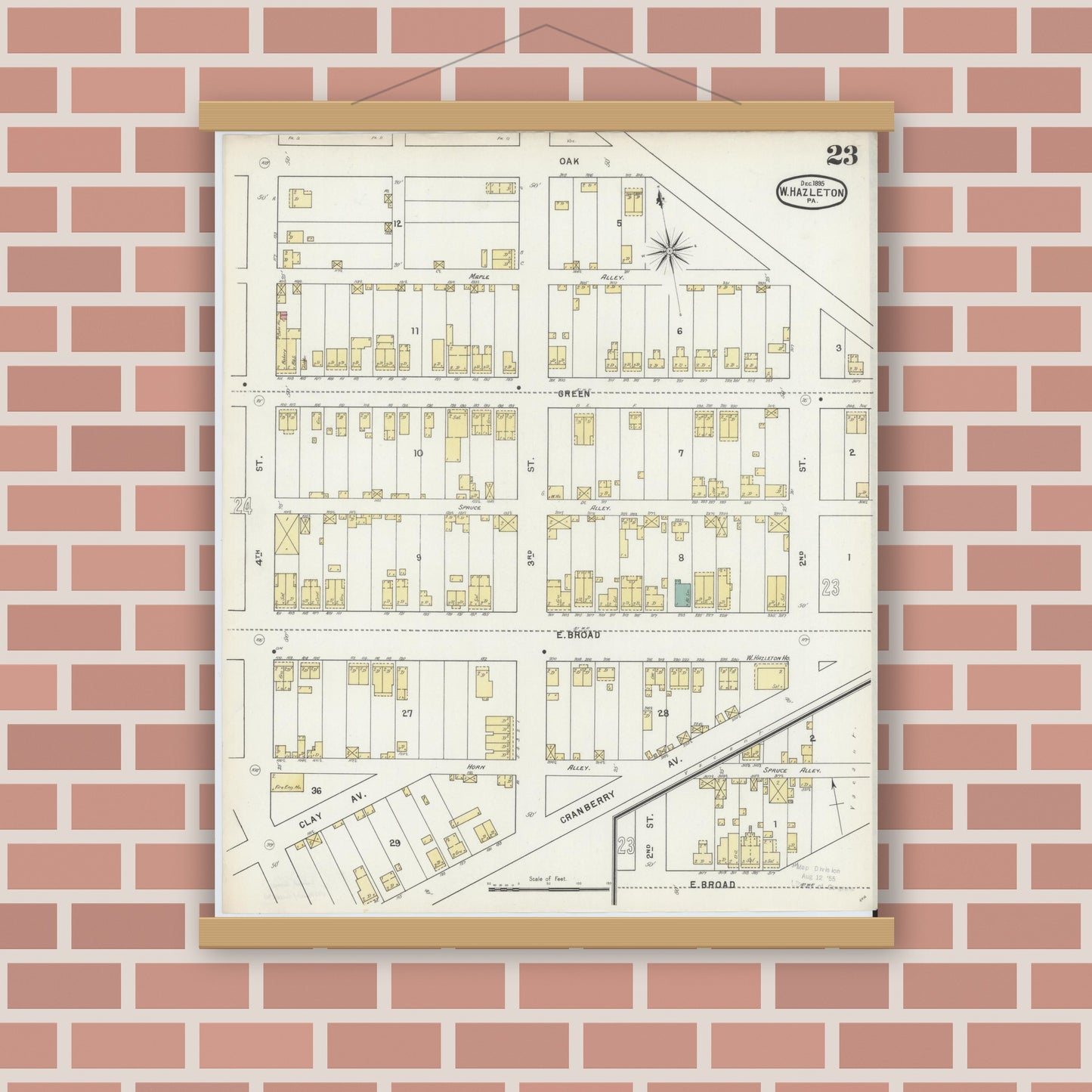 Old map wall art mockup — magnetic wood frame on brick wall — Sanborn Fire Insurance Map from Hazleton, Luzerne County, Pennsylvania (1895), Sheet #0023