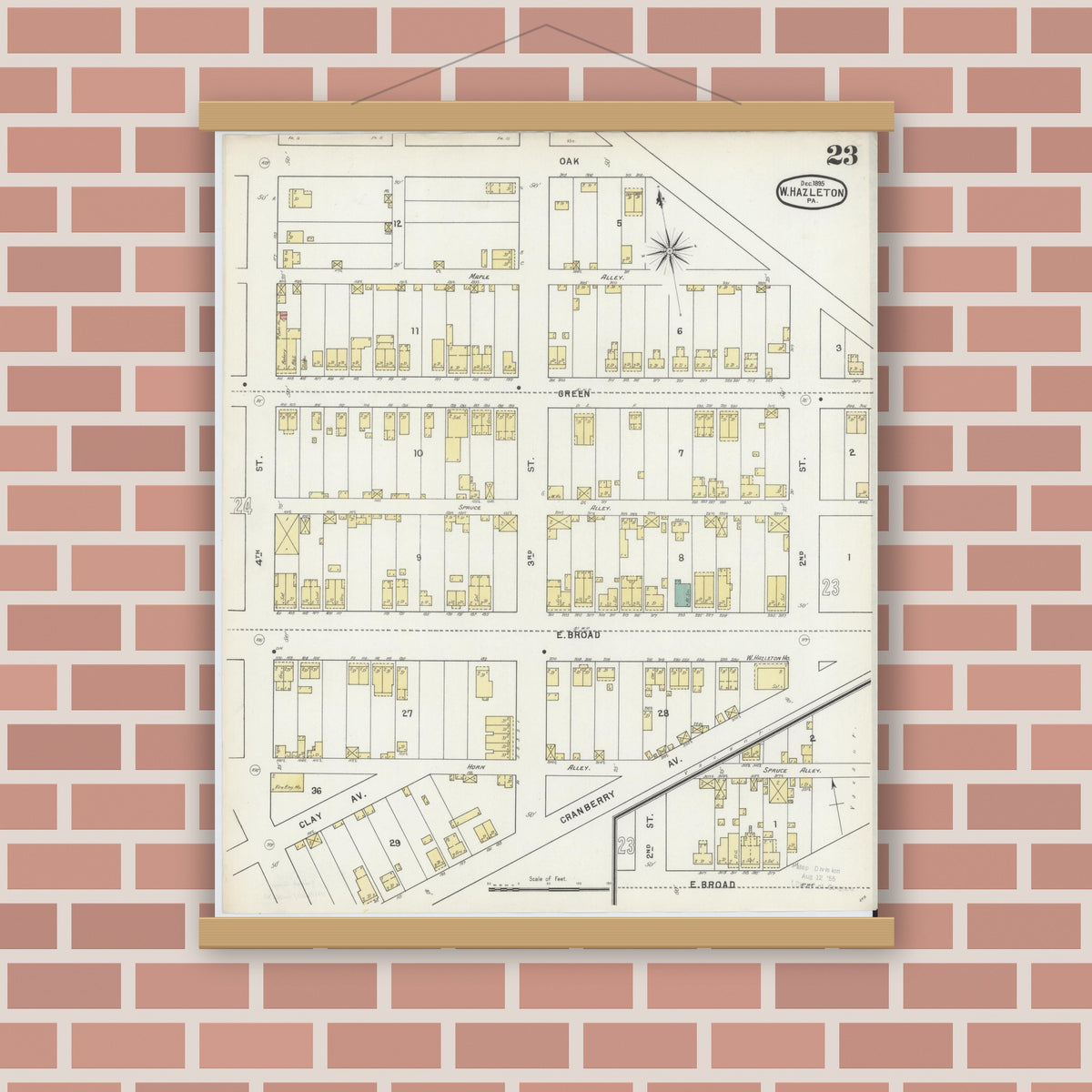 Old map wall art mockup — magnetic wood frame on brick wall — Sanborn Fire Insurance Map from Hazleton, Luzerne County, Pennsylvania (1895), Sheet #0023