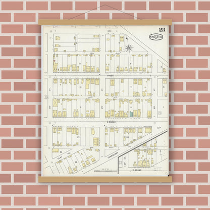 Old map wall art mockup — magnetic wood frame on brick wall — Sanborn Fire Insurance Map from Hazleton, Luzerne County, Pennsylvania (1895), Sheet #0023