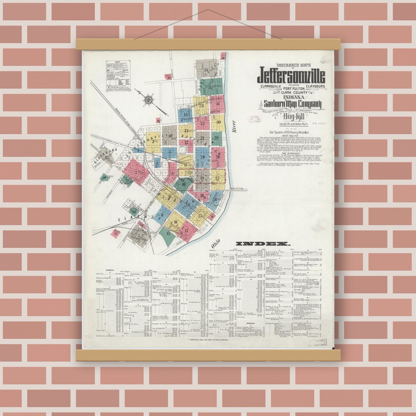 Old map wall art mockup — magnetic wood frame on brick wall — Sanborn Fire Insurance Map from Jeffersonville, Clark County, Indiana (1911), Sheet #0001