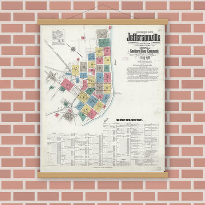 Old map wall art mockup — magnetic wood frame on brick wall — Sanborn Fire Insurance Map from Jeffersonville, Clark County, Indiana (1911), Sheet #0001