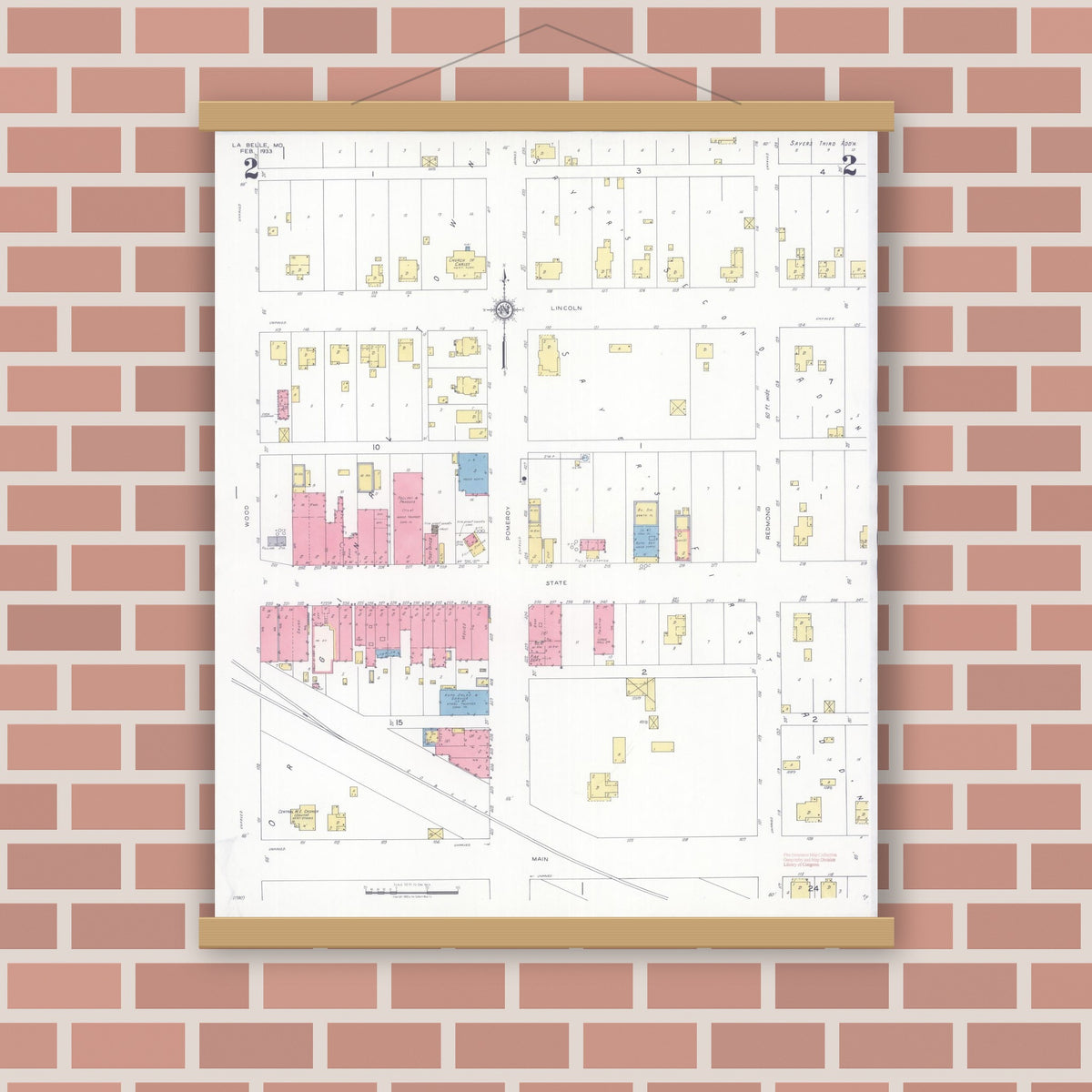 Old map wall art mockup — magnetic wood frame on brick wall — Sanborn Fire Insurance Map from La Belle, Lewis County, Missouri (1933), Sheet #0002
