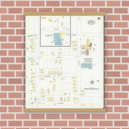 Old map wall art mockup — magnetic wood frame on brick wall — Sanborn Fire Insurance Map from Geneva, Ontario County, New York (1909), Sheet #0016