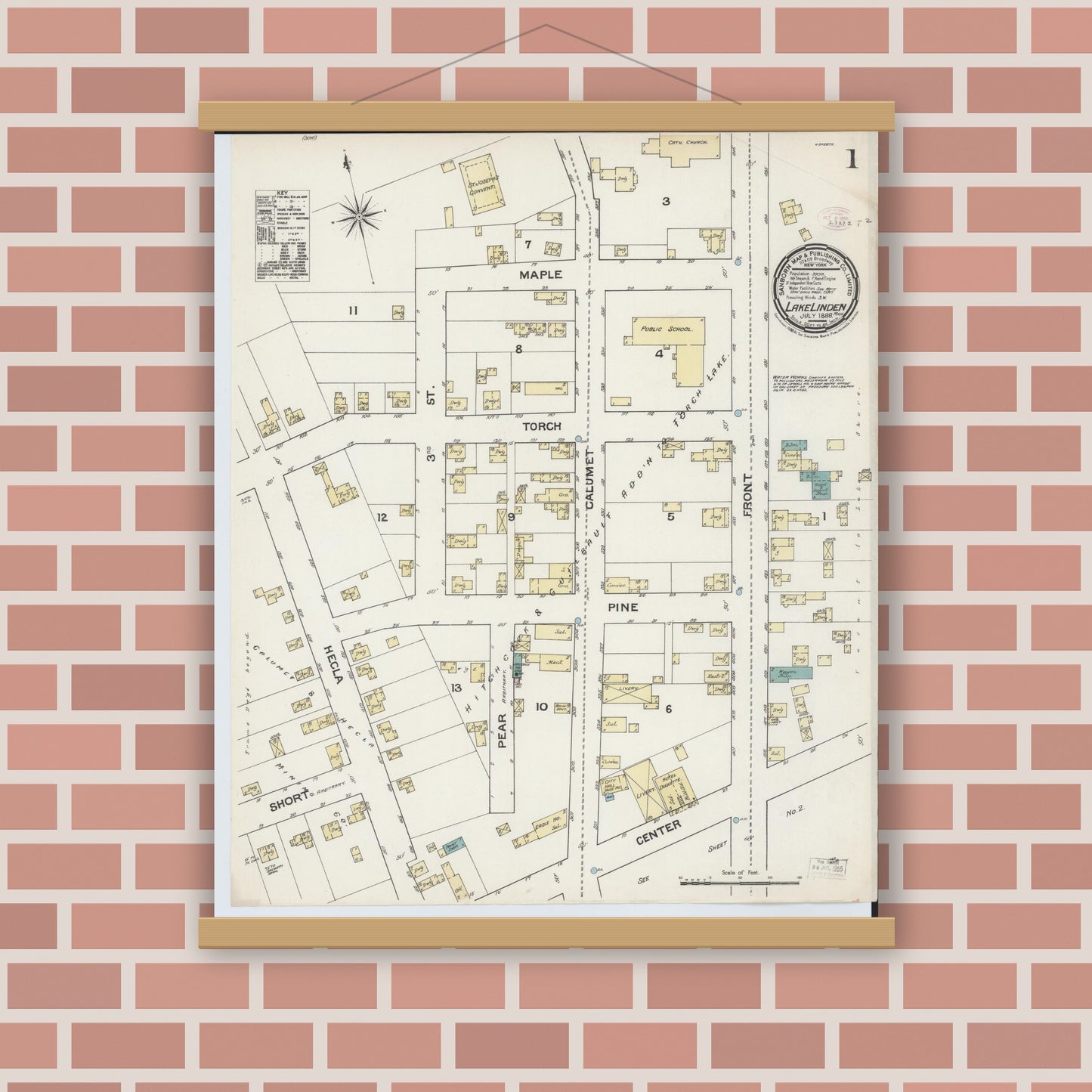 Old map wall art mockup — magnetic wood frame on brick wall — Sanborn Fire Insurance Map from Lake Linden, Houghton County, Michigan (1888) - Complete Map Set